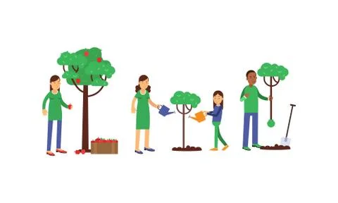 People Characters Contributing into Environment Preservation by Planting Vector 스톡 일러스트