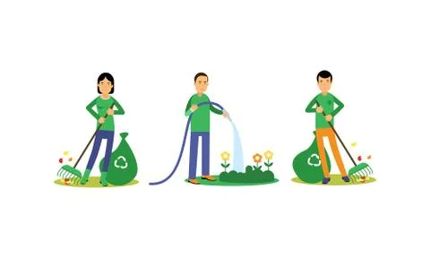 People Characters Contributing into Environment Preservation by Planting Flowers 스톡 일러스트