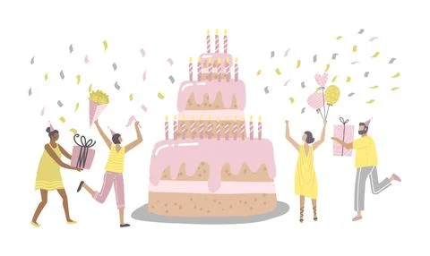 People Characters dancing near Birthday Cake and Celebrating. Woman and Man Stock Illustration