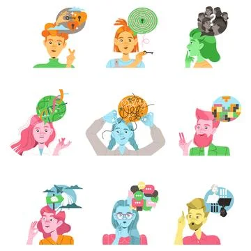 People Characters with Different Types of Thinking and Mindset Models Vector Set Stock Illustration