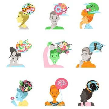 People Characters with Different Types of Thinking and Mindset Models Vector Set Stock Illustration