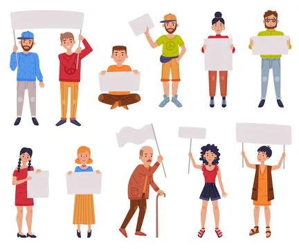 People Characters with Empty Placard and Banner Engaged in Protest and Stock Illustration