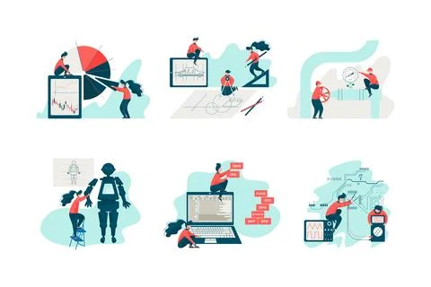 People Characters Engineering Project Engaged in Construction and Design Vector Illustrazione stock