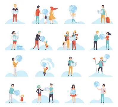 People Characters with Globe and Map Planning Travel Big Vector Set 스톡 일러스트