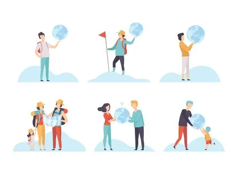People Characters with Globe and Map Planning Travel Vector Set Illustrazione stock