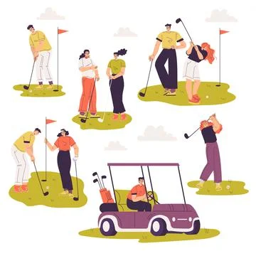 People Characters Golf Playing Training with Golf Clubs on Green Grass Vector Stock Illustration