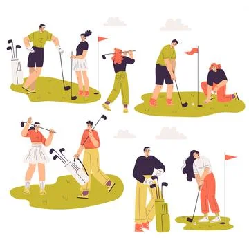People Characters Golf Playing Training with Golf Clubs on Green Grass Vector Stock Illustration