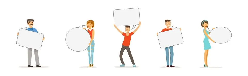 People Characters Holding Empty Speech Bubble Vector Illustration Set Stock Illustration