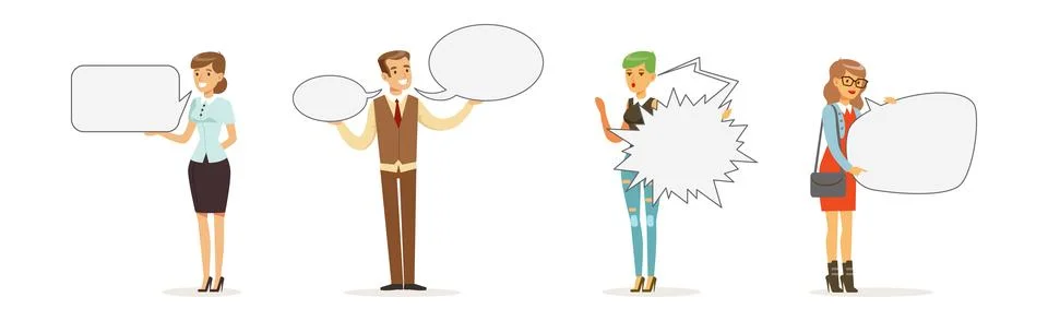 People Characters Holding Empty Speech Bubble Vector Illustration Set Stock Illustration