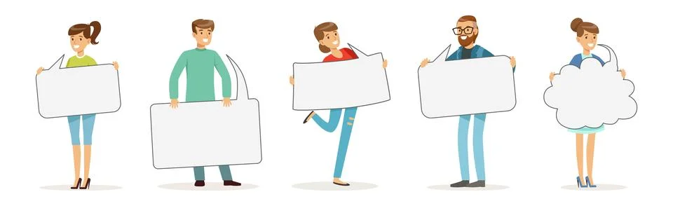 People Characters Holding Empty Speech Bubble Vector Illustration Set Stock Illustration