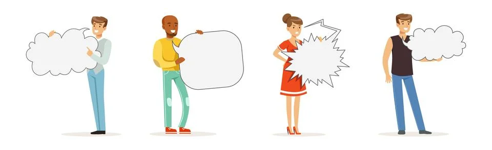 People Characters Holding Empty Speech Bubble Vector Illustration Set Stock Illustration