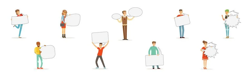 People Characters Holding Empty Speech Bubble Vector Illustration Set Stock Illustration