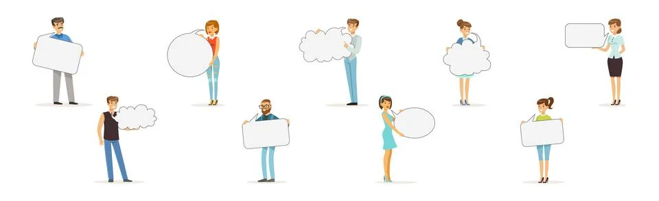 People Characters Holding Empty Speech Bubble Vector Illustration Set Stock Illustration