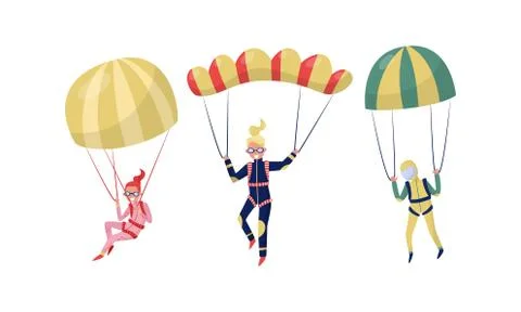 People Characters Jumping with Parachute Vector Illustration Set 스톡 일러스트