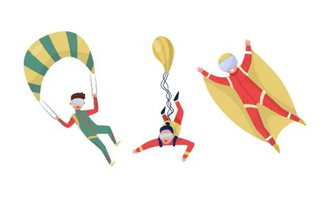 People Characters Jumping with Parachute Vector Illustration Set 스톡 일러스트