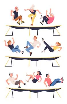 People Characters Jumping on Trampoline Bouncing and Flying in the Air Vector Stock Illustration