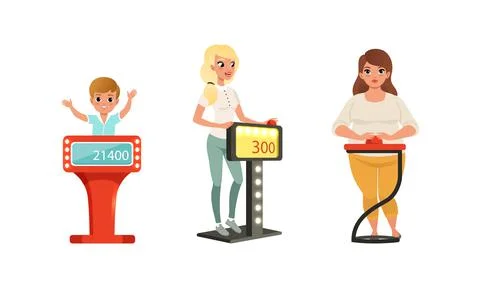 People Characters Participating in Panel Game on Television Standing In Front of Stock Illustration