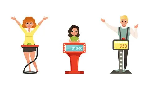 People Characters Participating in Panel Game on Television Standing In Front of Stock Illustration