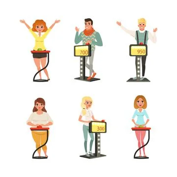 People Characters Participating in Panel Game on Television Standing In Front of Illustrazione stock