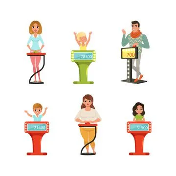 People Characters Participating in Panel Game on Television Standing In Front of Illustrazione stock