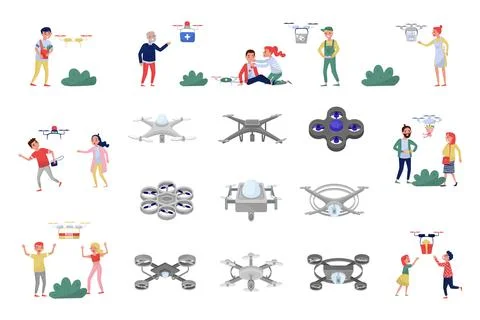 People Characters Receiving First Aid Kit, Pizza, Bouquet Delivery by Quadcopter Stock Illustration