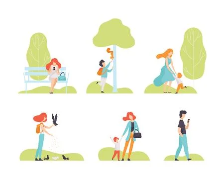 People Characters Resting in Park Having Weekend Vector Set. Stock Illustration