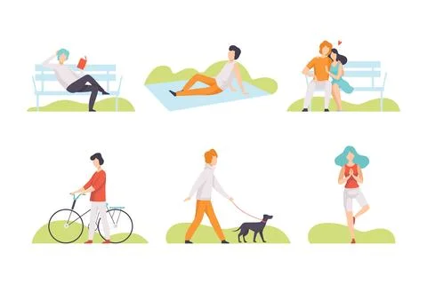 People Characters Resting in Park Having Weekend Vector Set. Stock Illustration