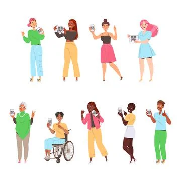 People Characters Showing QR Code on Their Gadget Vector Illustration Set 스톡 일러스트