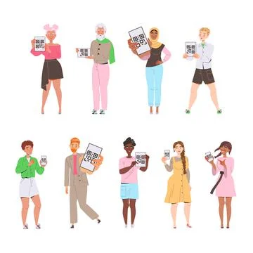 People Characters Showing QR Code on Their Gadget Vector Illustration Set Stock Illustration
