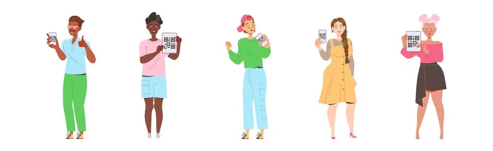 People Characters Showing QR Code on Their Gadget Vector Illustration Set Stock-Illustration