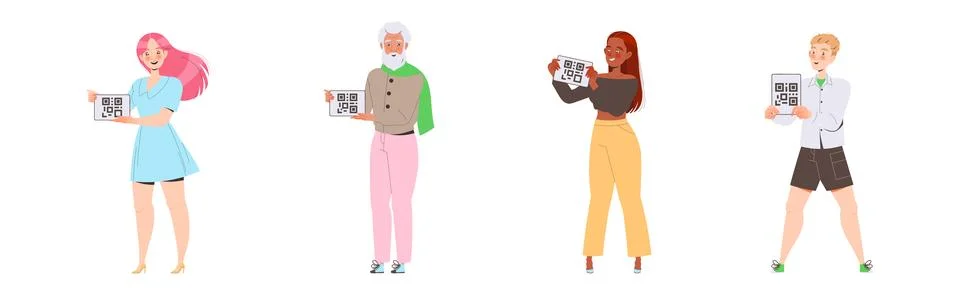 People Characters Showing QR Code on Their Gadget Vector Illustration Set Stock Illustration