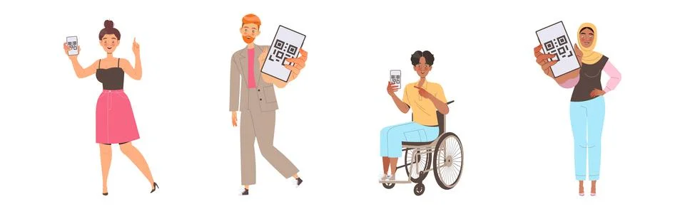 People Characters Showing QR Code on Their Gadget Vector Illustration Set イラスト素材