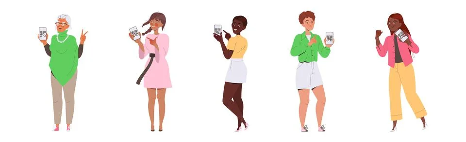 People Characters Showing QR Code on Their Gadget Vector Illustration Set Illustrazione stock