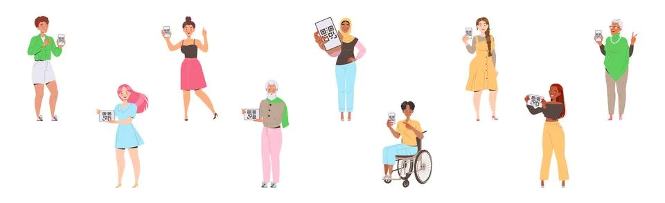 People Characters Showing QR Code on Their Gadget Vector Illustration Set 스톡 일러스트