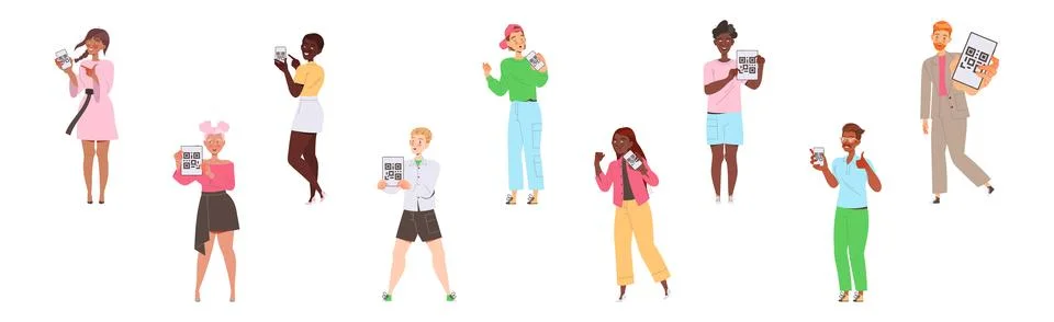 People Characters Showing QR Code on Their Gadget Vector Illustration Set Stock Illustration
