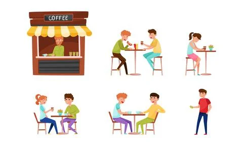 People Characters Sitting at Cafe Table Drinking Coffee and Eating Street Food Ilustração Stock