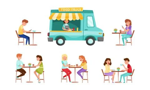 People Characters Sitting at Cafe Table Drinking Coffee and Eating Street Food Ilustração Stock