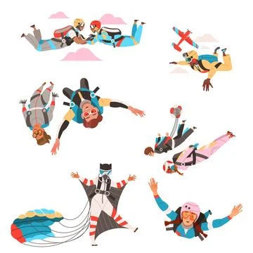 People Characters Skydiving Falling Down with Parachute and in Wingsuit Vector Illustrazione stock