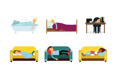 People Characters Sleeping and Snoring Lying on Sofa, in Bathtub and at Office Ilustração Stock