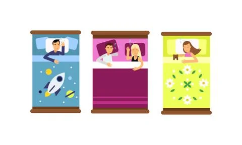 People Characters Sleeping in Bed Vector Illustration Set 스톡 일러스트