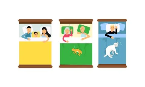People Characters Sleeping in Bed Vector Illustration Set 스톡 일러스트