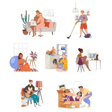 People Characters Spending Weekend at Home Vector Illustration Set Stock Illustration