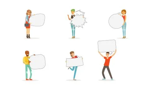 People Characters Standing and Holding Speech Bubbles Vector Set Stock Illustration