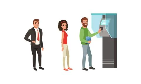 People Characters Standing in Queue near ATM Machine Vector Illustration 스톡 일러스트