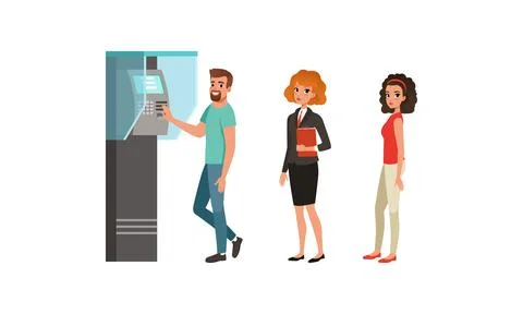 People Characters Standing in Queue near ATM Machine Vector Illustration 스톡 일러스트