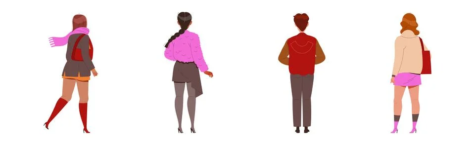 People Characters Standing in Row Back View Vector Illustration Set Stock Illustration