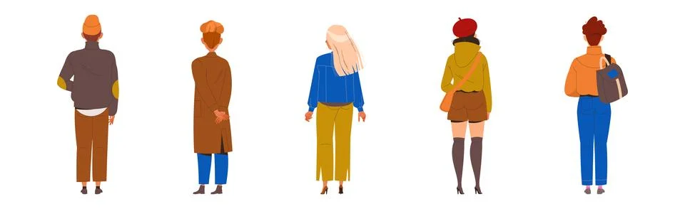 People Characters Standing in Row Back View Vector Illustration Set Stock Illustration