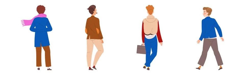 People Characters Standing in Row Back View Vector Illustration Set Stock Illustration