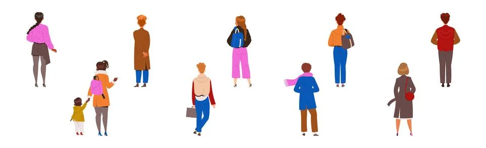 People Characters Standing in Row Back View Vector Illustration Set Stock Illustration