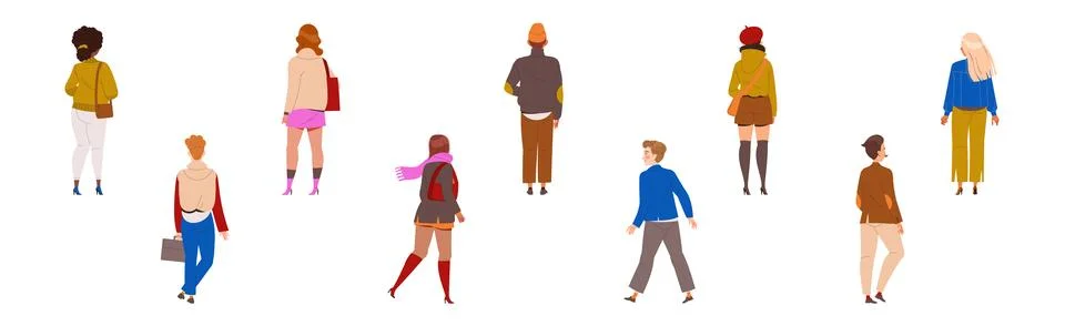 People Characters Standing in Row Back View Vector Illustration Set Stock Illustration